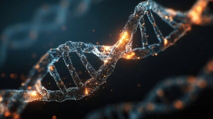glowing dna strand particles dark background