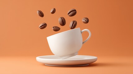 White coffee cup on plate with floating coffee beans on orange background, perfect for morning beverage advertisement and coffee shop marketing materials