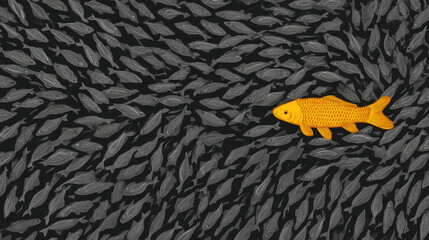 Vibrant orange fish swims against backdrop of numerous gray fish, symbolizing individuality and standing out in crowd. contrast highlights uniqueness of orange fish in sea of sameness