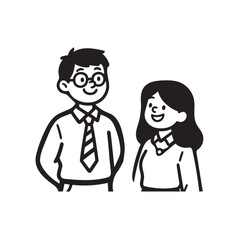 A black and white illustration of a friendly male teacher and a female teacher standing next to a chalkboard. 