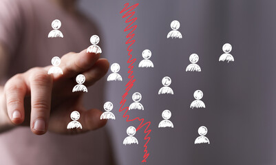 Digital illustration of a hand separating a group of people, symbolizing division, conflict, or...