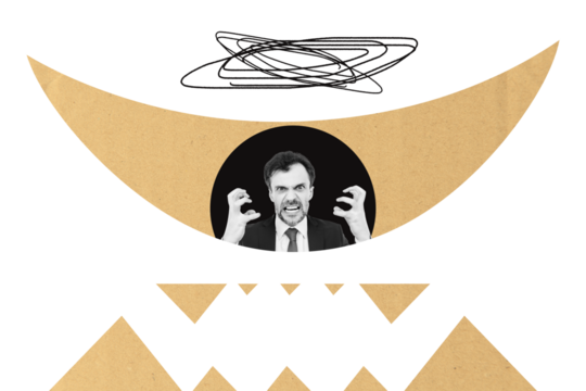 Creative photo collage aggressive mature businessman outraged furious expression anger psycho drawing doodles problems corporate worker