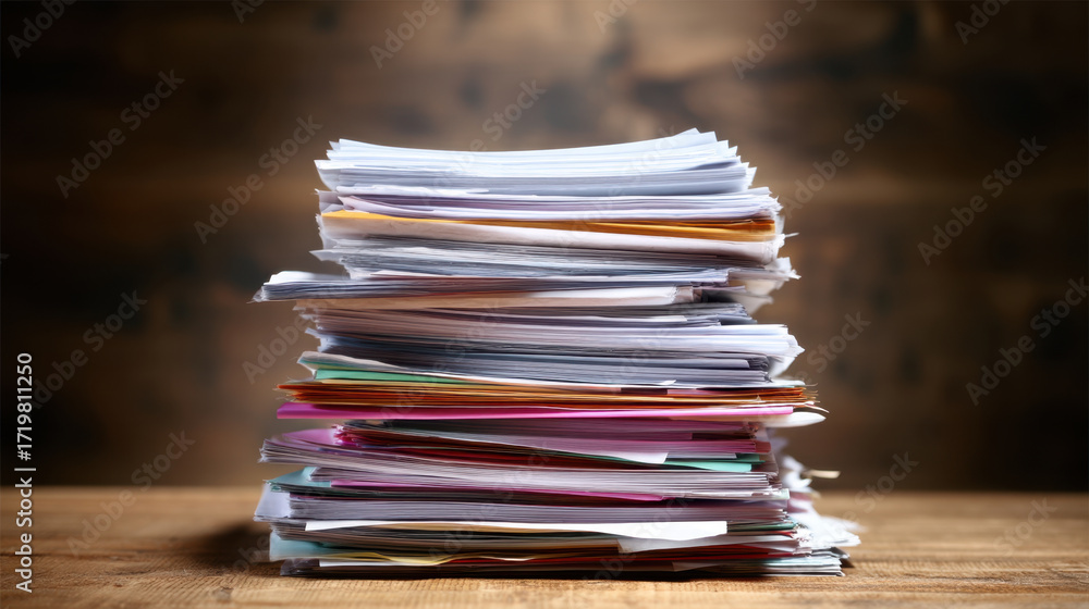 Poster large stack of assorted papers and documents is neatly arranged wooden surface, showcasing various c