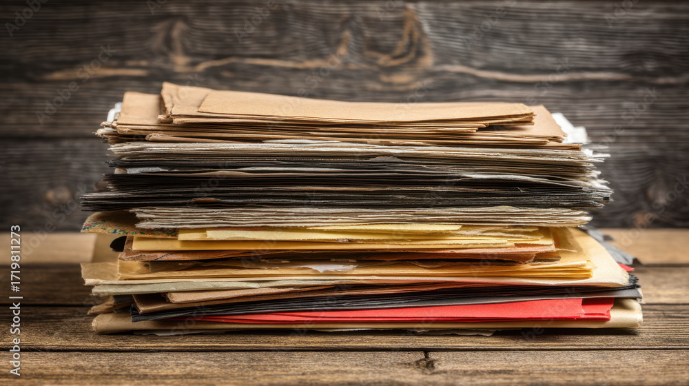 Poster stack of assorted papers, including various colors and textures, arranged neatly on wooden surface. 
