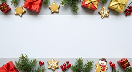 Christmas Holiday Background with Gifts, Cookies, and Pine Branches