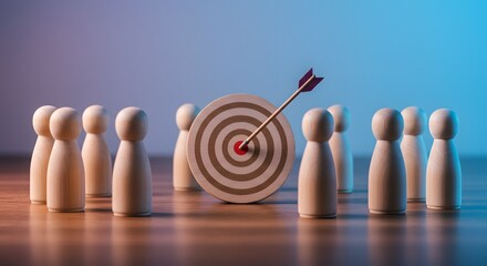 Business Team Success: Arrow Hits Target Surrounded by Wooden Figures