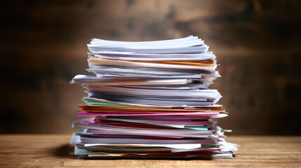 Large stack of assorted papers and documents is neatly arranged wooden surface, showcasing various colors and textures. image conveys sense of organization amidst potential chaos, reflecting