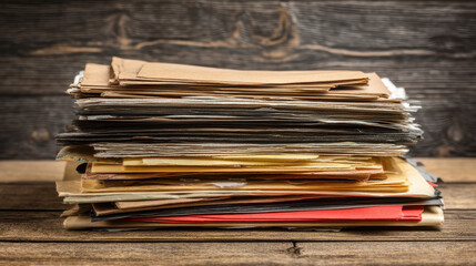 Stack of assorted papers, including various colors and textures, arranged neatly on wooden surface. image conveys sense of organization and creativity, perfect for office or artistic themes
