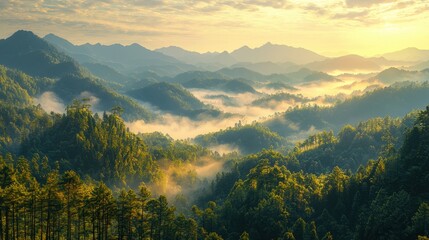Sunrise over Misty Mountain Range with Dense Forests and Rolling Valleys, Early Morning Lighting, Natural Landscape Photography, Tranquil Wilderness Scene