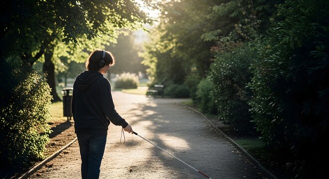 A visually impaired person with a white cane and headphones walks along a sunlit path in a park.