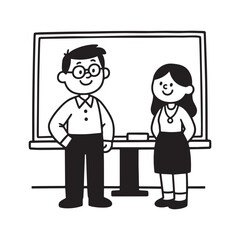 A black and white illustration of a friendly male teacher and a female teacher standing next to a chalkboard. 