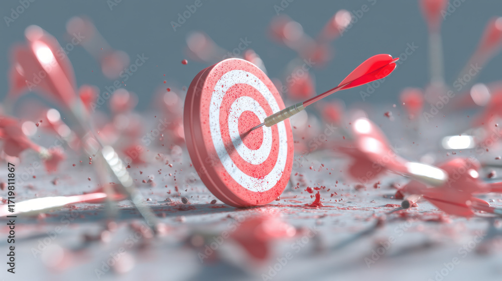 Poster close up view of target with arrow embedded in center, surrounded by scattered arrows and debris. sc