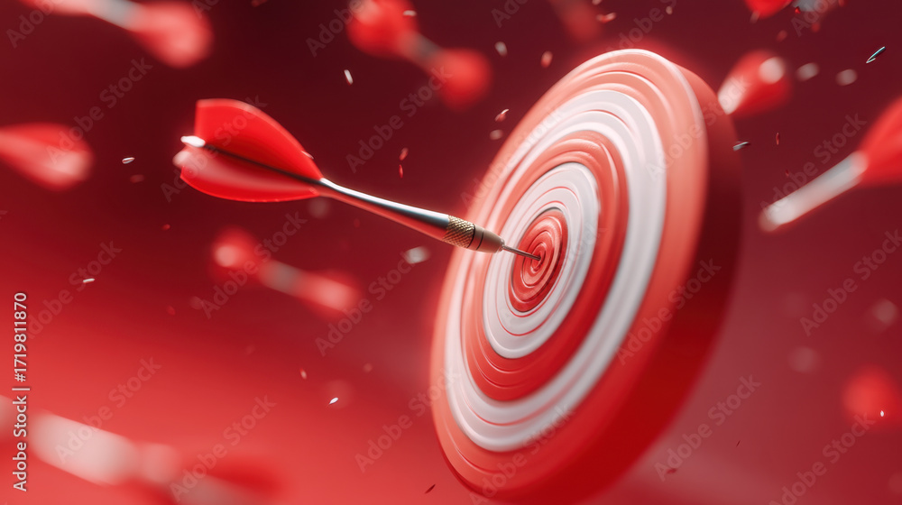Poster dart hitting target symbolizes precision and focus, surrounded by dynamic red background. image capt