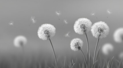 Ethereal Black and White Dandelions in Soft Focus with Fluffy Seeds Dancing in the Air, Capturing Nature's Transience and Beauty