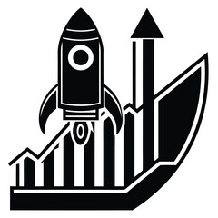 Growth chart vector illustration with a rocket flying from a house and an arrow symbol