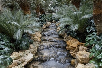 Tropical garden with flowing waterfall