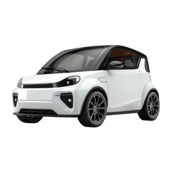 Compact electric car parked in a modern urban setting during the daytime with bright sunlight