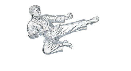 Fototapeta premium A martial artist performing a flying kick, rendered in clear ice and isolated transparent