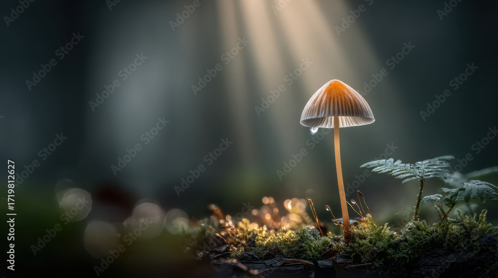 Poster solitary mushroom stands gracefully in serene forest, illuminated by soft rays of sunlight filtering
