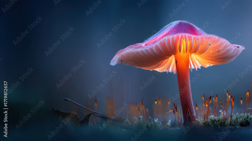 Poster vibrant mushroom glows softly in dark forest, showcasing its pink cap and luminescent gills. surroun