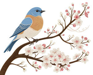 An stylized Eastern Bluebird on cherry blossom branch, blue plumage, brown chest, white background, vector, illustration style.