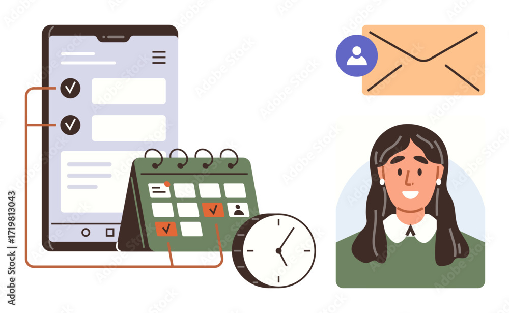 Aufkleber smartphone checklist links to calendar and clock for task planning, alongside email and user profile
