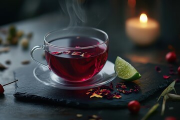 Fototapeta premium Hot herbal tea in glass cup with lime slice on slate surface 