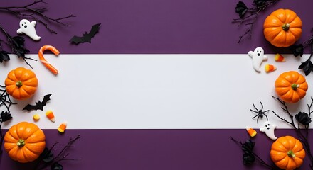 Halloween Party Background with Pumpkins and Candy Corn on a Purple Border