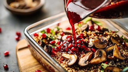 Quinoa salad topped with mushrooms and pomegranate sauce on wooden board