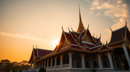 Majestic Thai Temple Architecture Bathed in the Golden Glow of Sunset