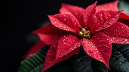 Close-Up View of Red Poinsettia Flower with Water Droplets on Dark Background