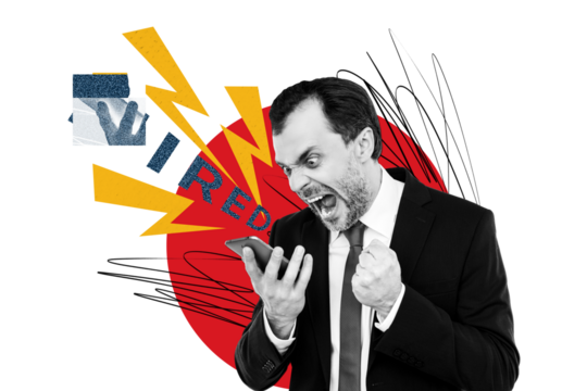 Trend artwork sketch 3D photo collage of business boss authority office manager aged man stand hand hold smartphone call sream loud voice