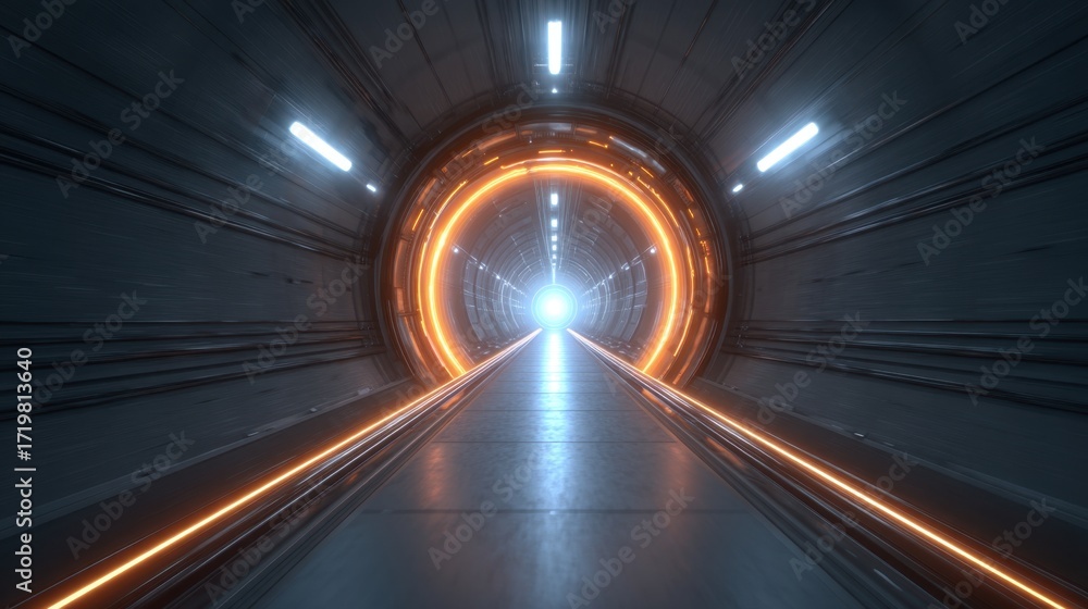 Poster futuristic tunnel with glowing lights and a bright light at the end creating an illusion of depth, l