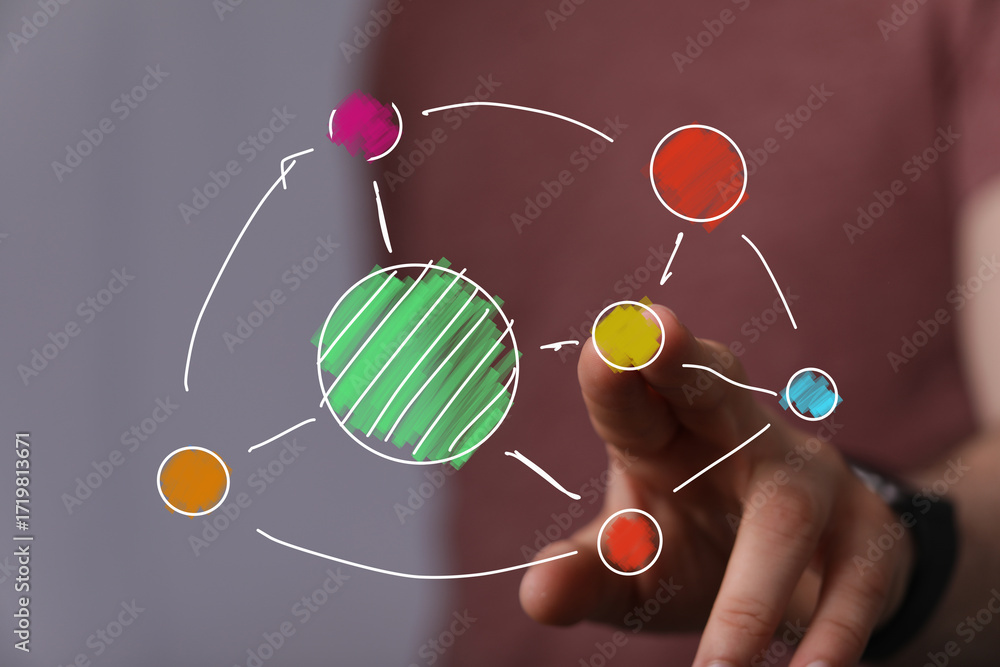 Poster abstract network visualization. hand interacts with colorful nodes and connections, illustrating tea