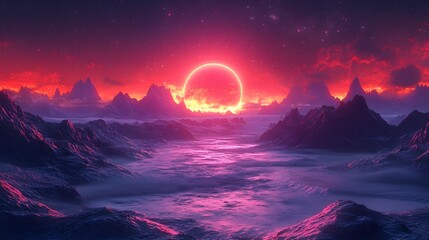Surreal landscape featuring vibrant purple and red skies, a celestial ringed object, and reflective water. Majestic mountains complete this otherworldly vista. Abstract Background Trend
