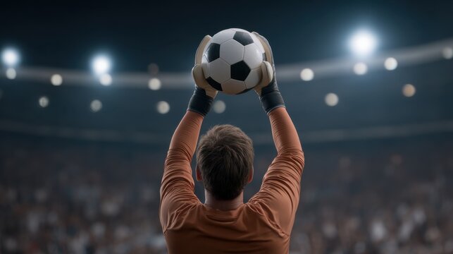 Goalkeeper Preparing for a Throw-in During an Intense Soccer Match Under Stadium Lights with a Crowded Audience in the Background