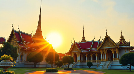 Spectacular Sunrise over a Thai Temple with a Stunning Spire and Golden Sunburst