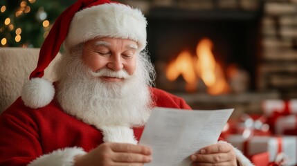 Jolly Santa Claus Reading a Letter by the Warm Fire Christmas Eve Celebration