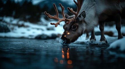 Majestic Reindeer Drinking Water in a Snowy Landscape at Dusk with Reflections on Ice