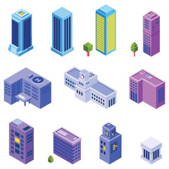 Colorful Isometric City Buildings: Hospital, Office, and Hotel