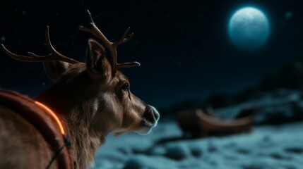Deer Gazing at a Bright Moon in a Mystical Night Landscape with Snowy Terrain and Stars