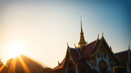 Warm Sunlight Casting Long Rays Over a Thai Temple Spire at Dawn