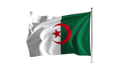 A detailed illustration of the Tunisian flag billowing in the wind against a black backdrop.