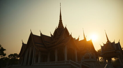 Beautiful Sunset Over a Thai Temple with Intricate Architecture and Golden Light