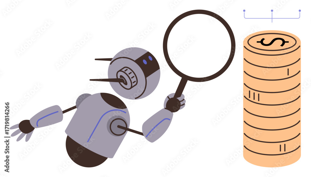 Poster robot closely inspecting a coin stack with a magnifying glass, symbolizing financial analysis, ai in
