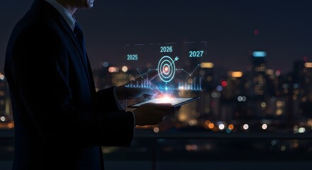 Businessman Analyzing Futuristic Financial Growth Chart and Target on Tablet