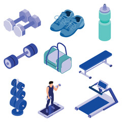 Isometric illustration of various fitness equipment and accessories.