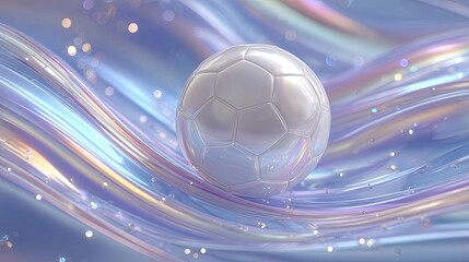 Naklejka premium Elegant soccer ball shimmers against abstract flowing background with iridescent light and bokeh for a modern, eye-catching design element