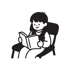 A black and white vector illustration of a child sitting on a chair and reading a book. 