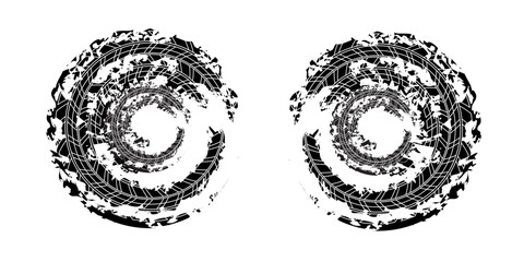 Tire tread marks, wheel textures, tire marks - car racing, motocross, drift, rally, off-road and others. Vector black isolated texture in grunge style with splashes.modern